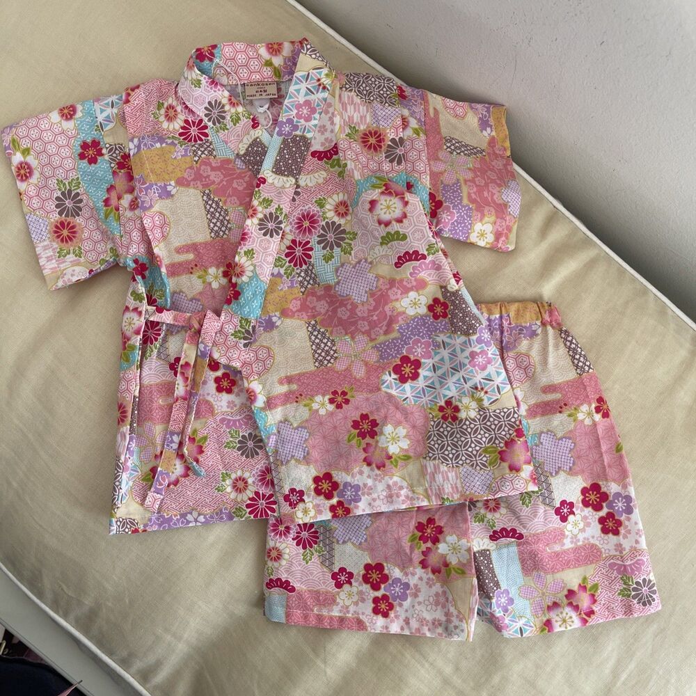 RARE Vintage Sankosen Yukata Top pant set 80cm Japan Sakura pajama cotton 12 Mo